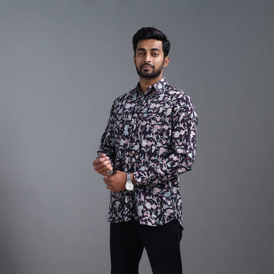 Black - Sanganeri Block Printed Cotton Men Full Sleeve Shirt 05