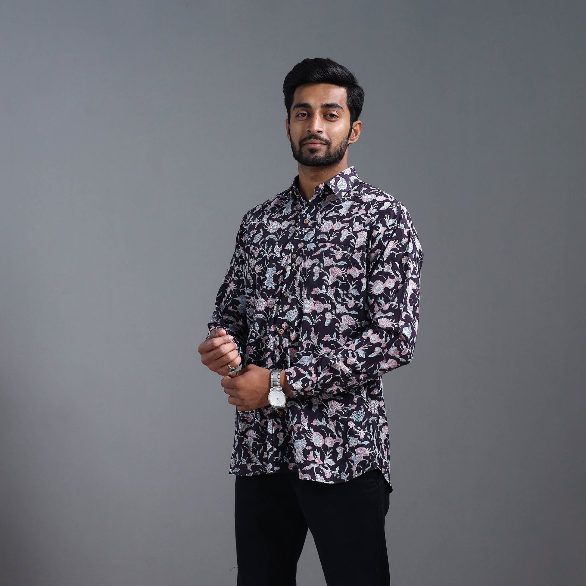 Black - Sanganeri Block Printed Cotton Men Full Sleeve Shirt 05