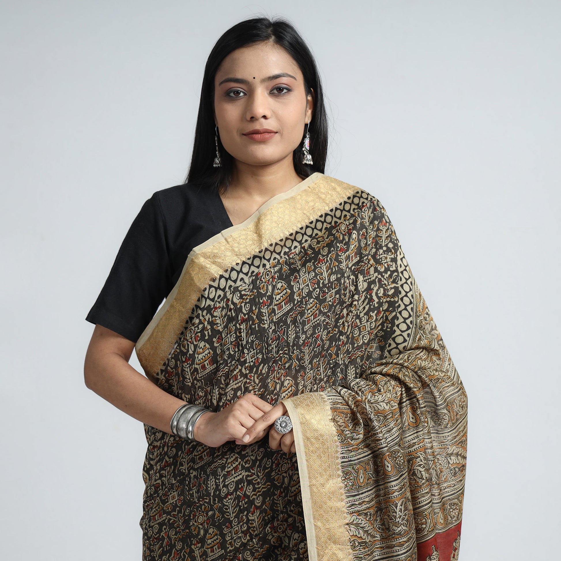 Black - Original Pedana Kalamkari Block Print Silk Saree
