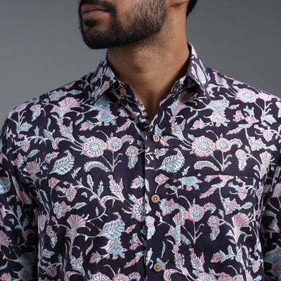 Black - Sanganeri Block Printed Cotton Men Full Sleeve Shirt 05