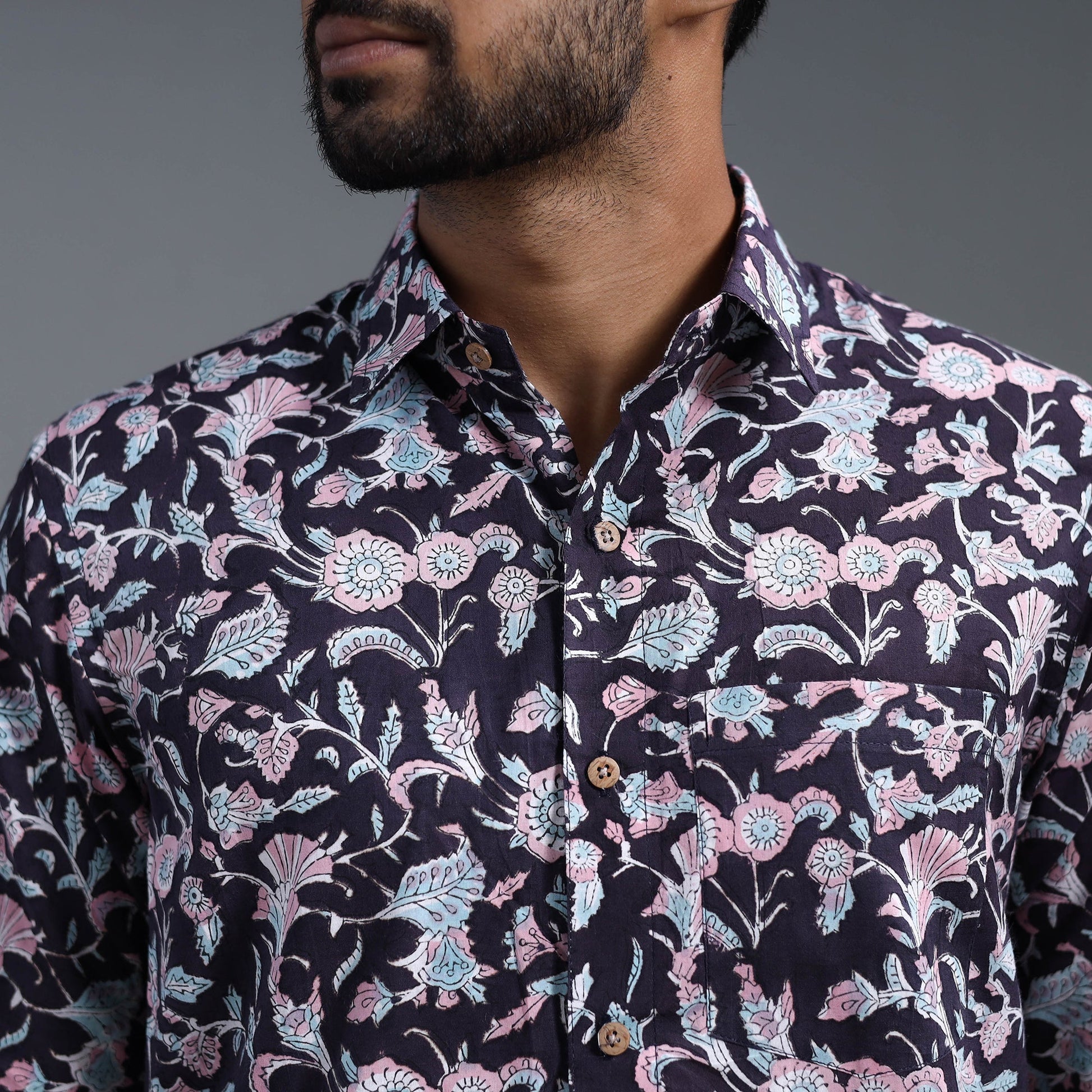 Black - Sanganeri Block Printed Cotton Men Full Sleeve Shirt 05