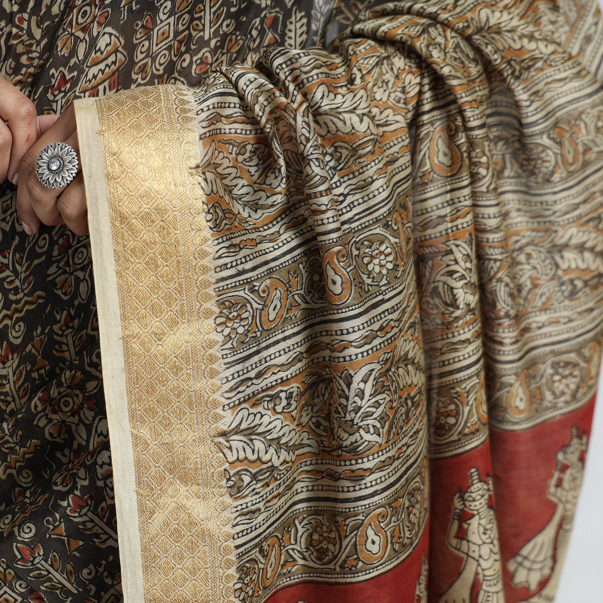 Black - Original Pedana Kalamkari Block Print Silk Saree