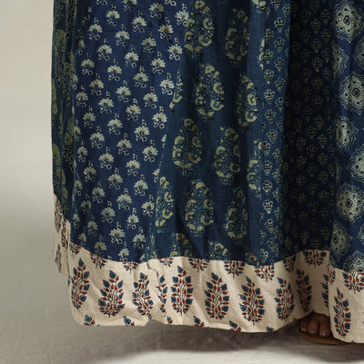 Blue - Ajrakh Block Printed 24 Kali Patchwork Cotton Long Skirt 32