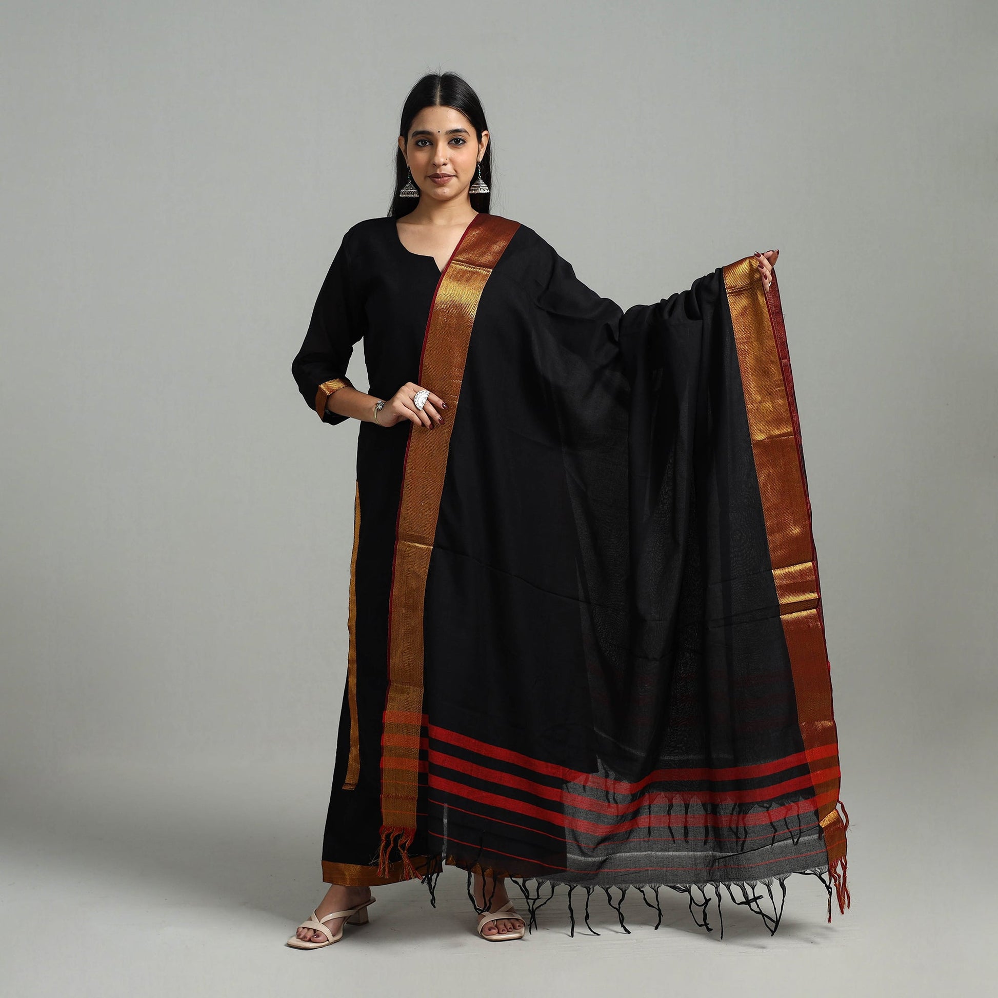 Black - Cotton Dharwad Kurta Set with Palazzo & Dupatta 24