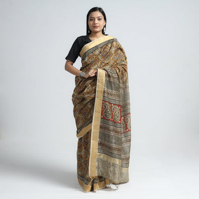 Brown - Original Pedana Kalamkari Block Print Silk Saree
