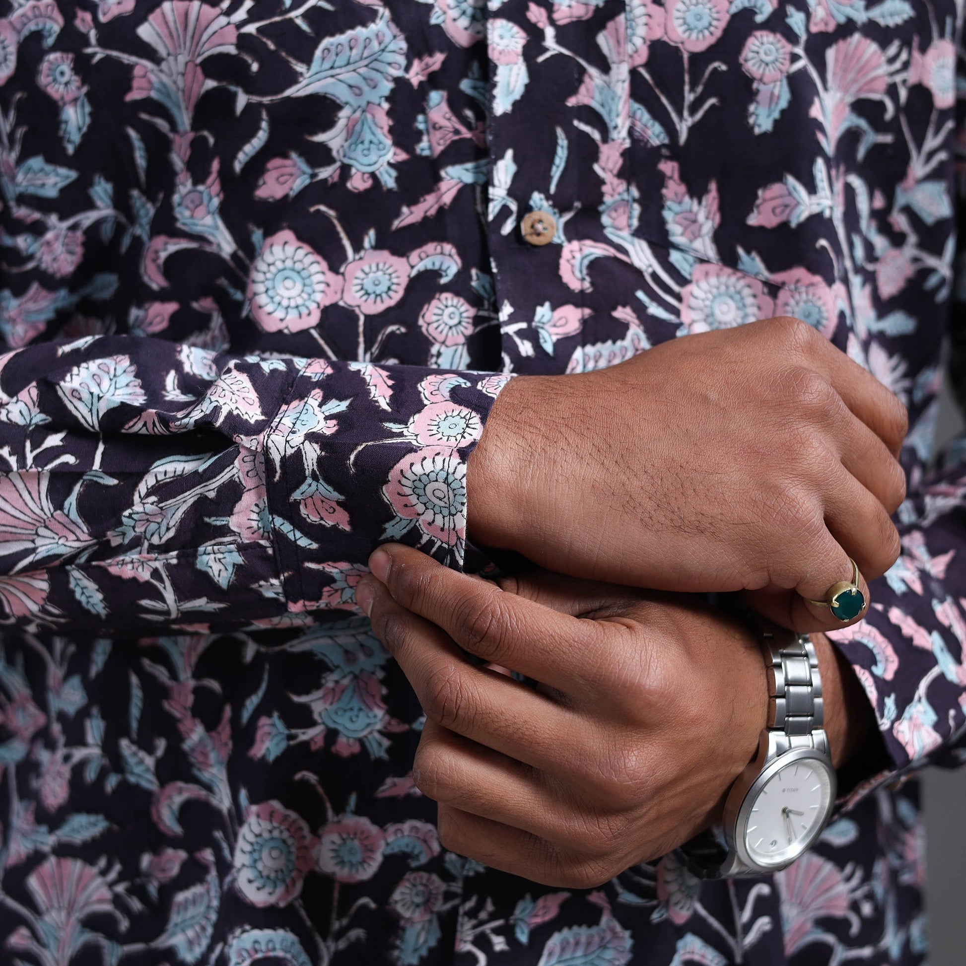 Black - Sanganeri Block Printed Cotton Men Full Sleeve Shirt 05