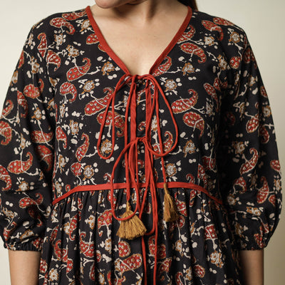 Black - Bagru Block Printed Cotton Flared Dress 20