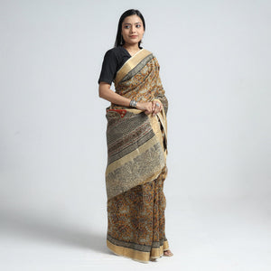 Brown - Original Pedana Kalamkari Block Print Silk Saree