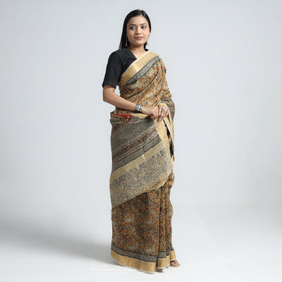 Brown - Original Pedana Kalamkari Block Print Silk Saree