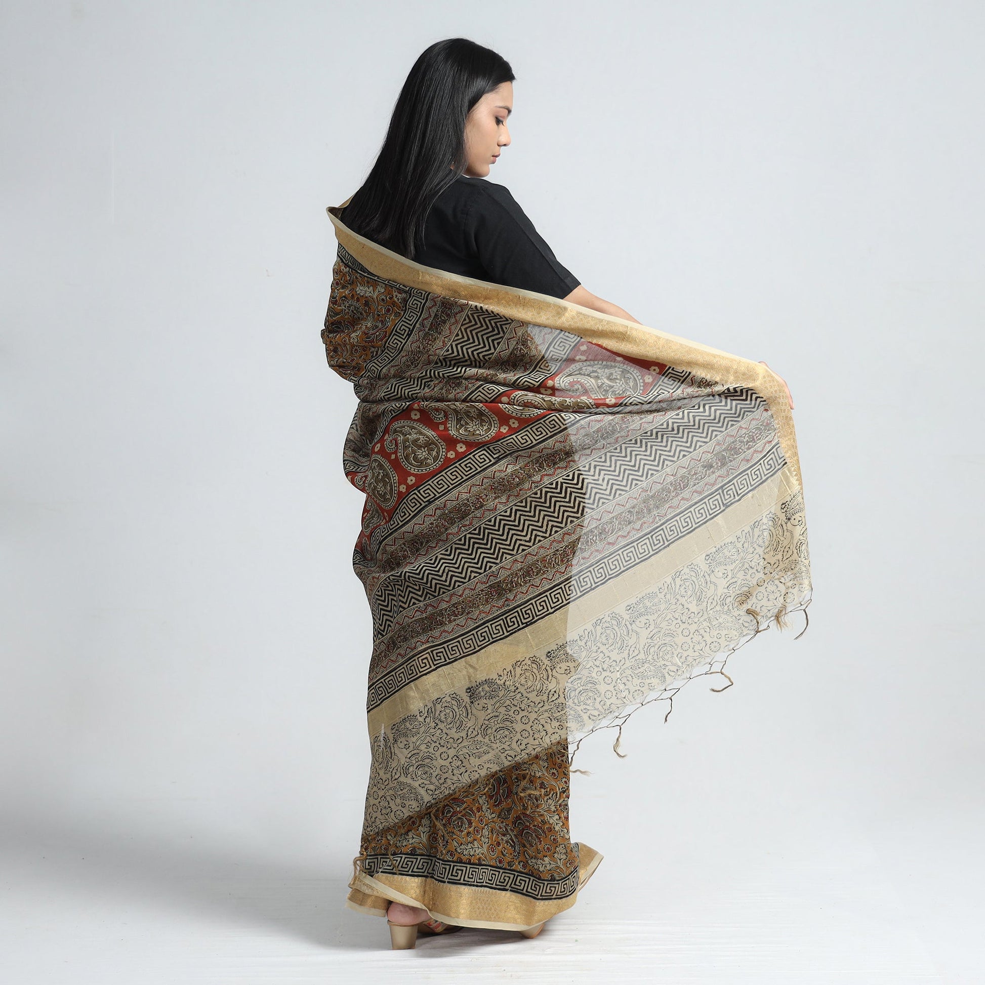 Brown - Original Pedana Kalamkari Block Print Silk Saree