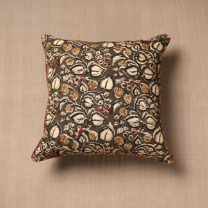 Brown - Block Print Cotton Kalamkari Cushion Cover (16 x 16 in)