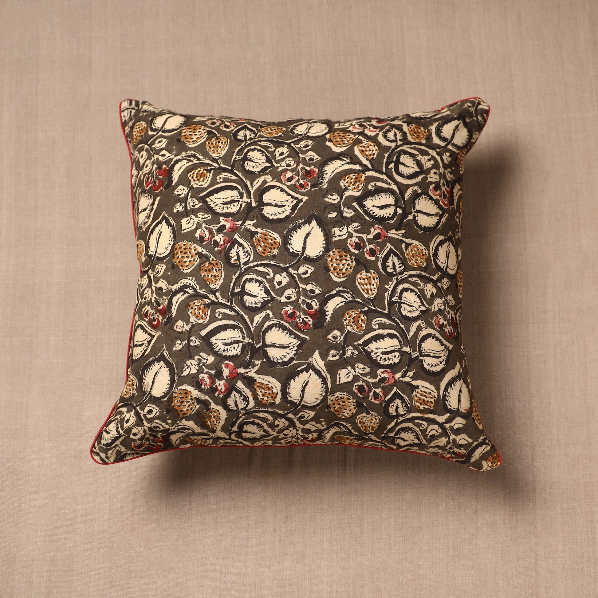 Brown - Block Print Cotton Kalamkari Cushion Cover (16 x 16 in)