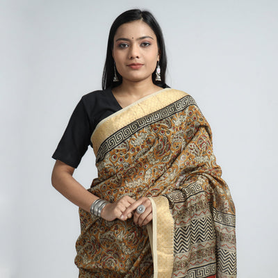 Brown - Original Pedana Kalamkari Block Print Silk Saree