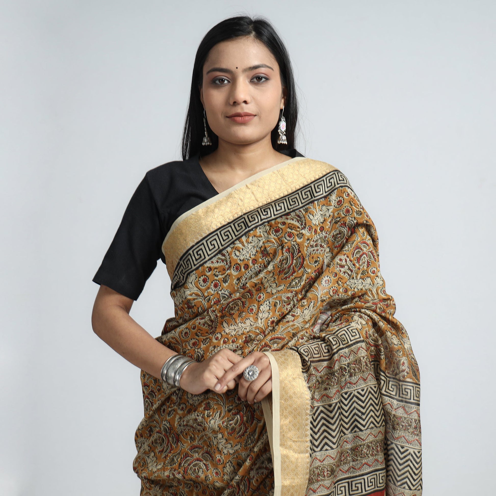 Brown - Original Pedana Kalamkari Block Print Silk Saree