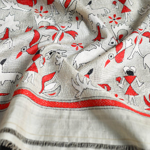 Beige - Handloom Desi Tussar Bengal Nakshi Kantha Work Stole 47