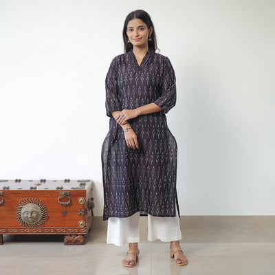 Brown - Mercerised Cotton Pochampally Ikat Kurta (Straight) 16