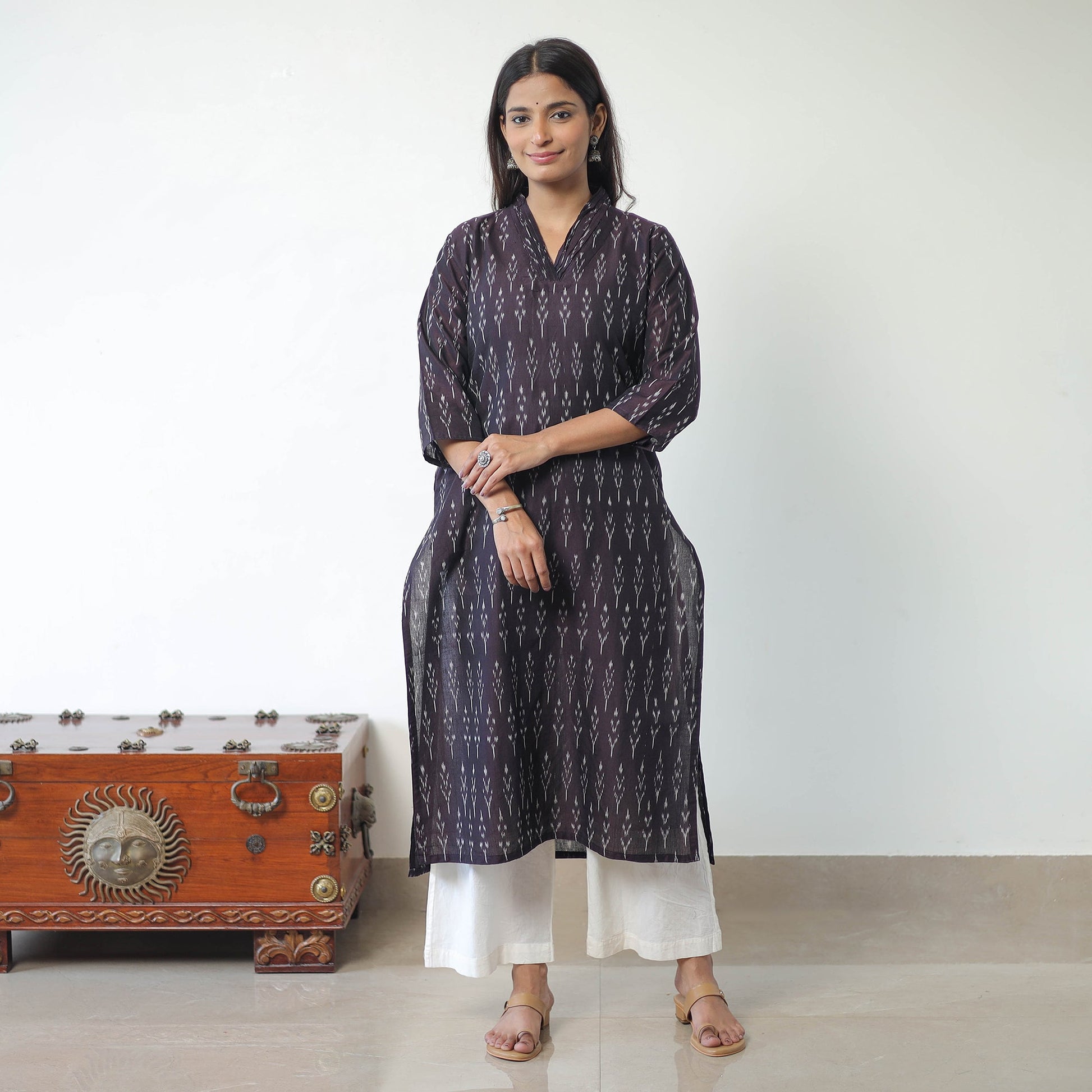 Brown - Mercerised Cotton Pochampally Ikat Kurta (Straight) 16
