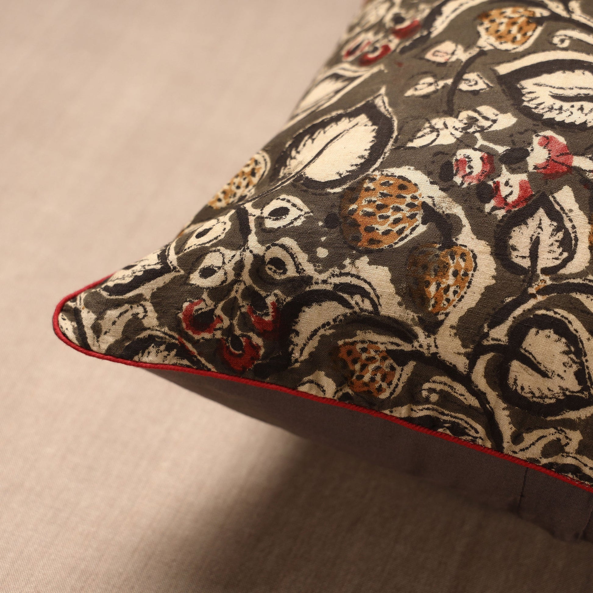 Brown - Block Print Cotton Kalamkari Cushion Cover (16 x 16 in)