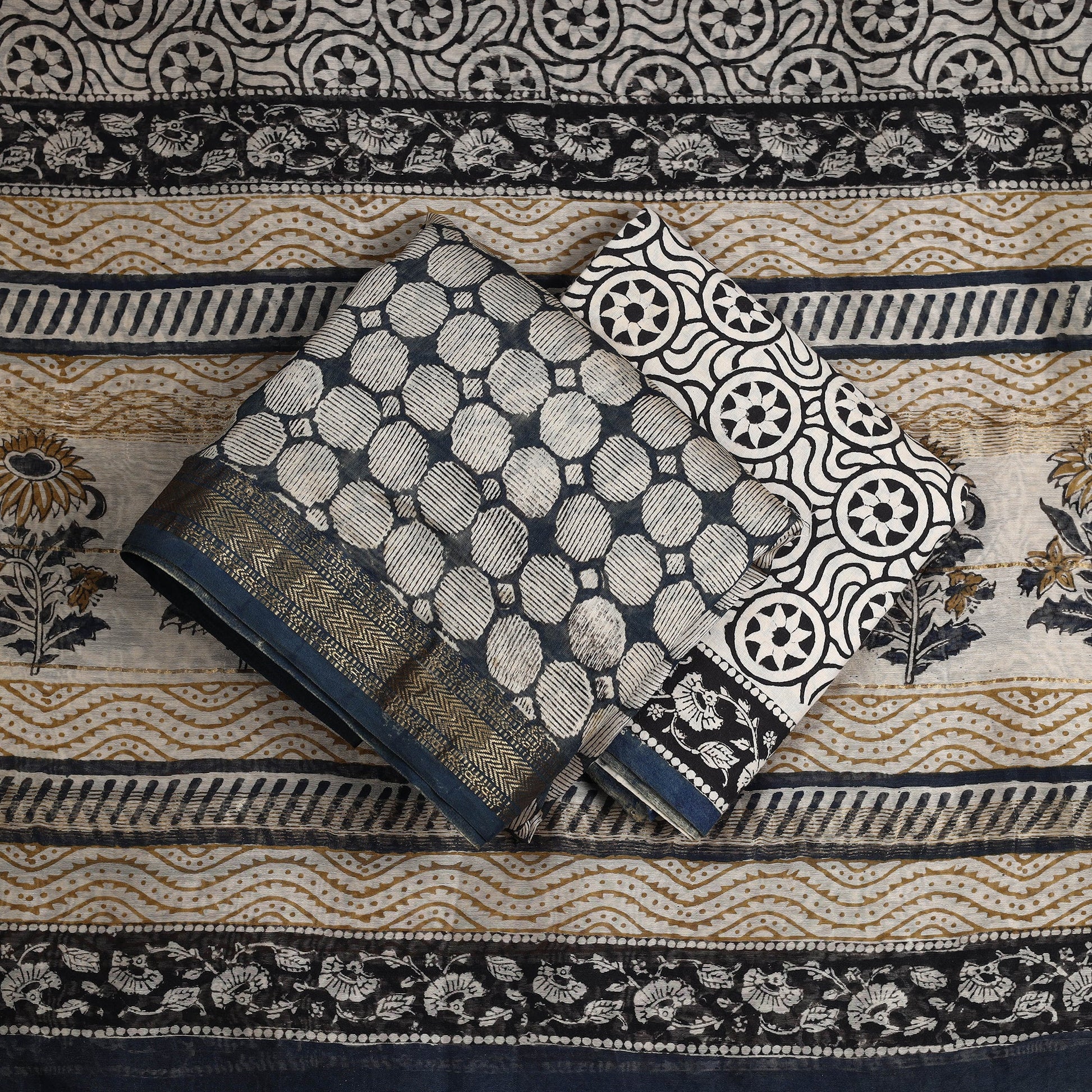 Beige - 3pc Maheshwari Silk Bagru Print Dress Material 09