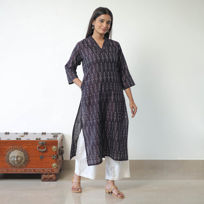 Brown - Mercerised Cotton Pochampally Ikat Kurta (Straight) 16