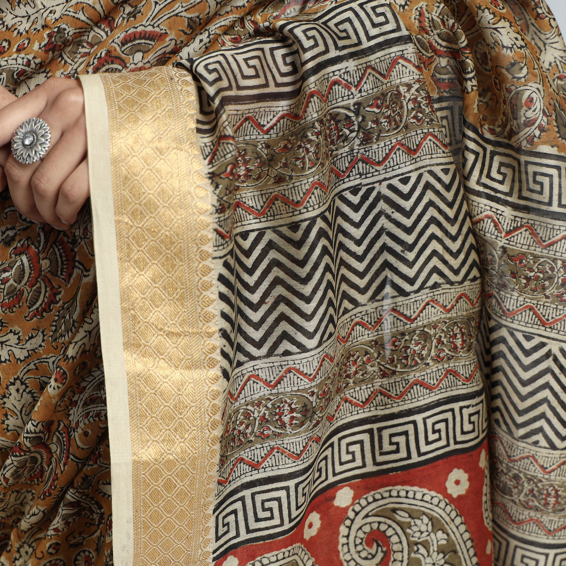 Brown - Original Pedana Kalamkari Block Print Silk Saree