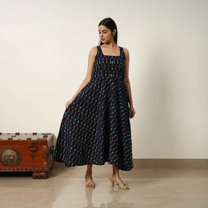 Black - Mercerized Cotton Flared Pochampally Ikat Dress 20