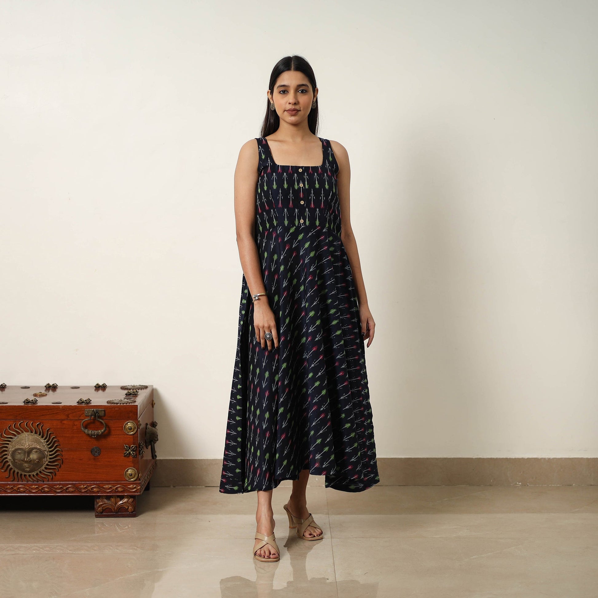 Black - Mercerized Cotton Flared Pochampally Ikat Dress 20