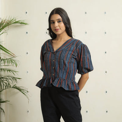 Blue - Ajrakh Block Printed Cotton Crop Top 06