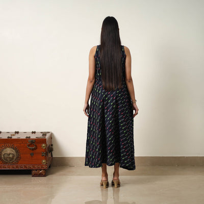 Black - Mercerized Cotton Flared Pochampally Ikat Dress 20