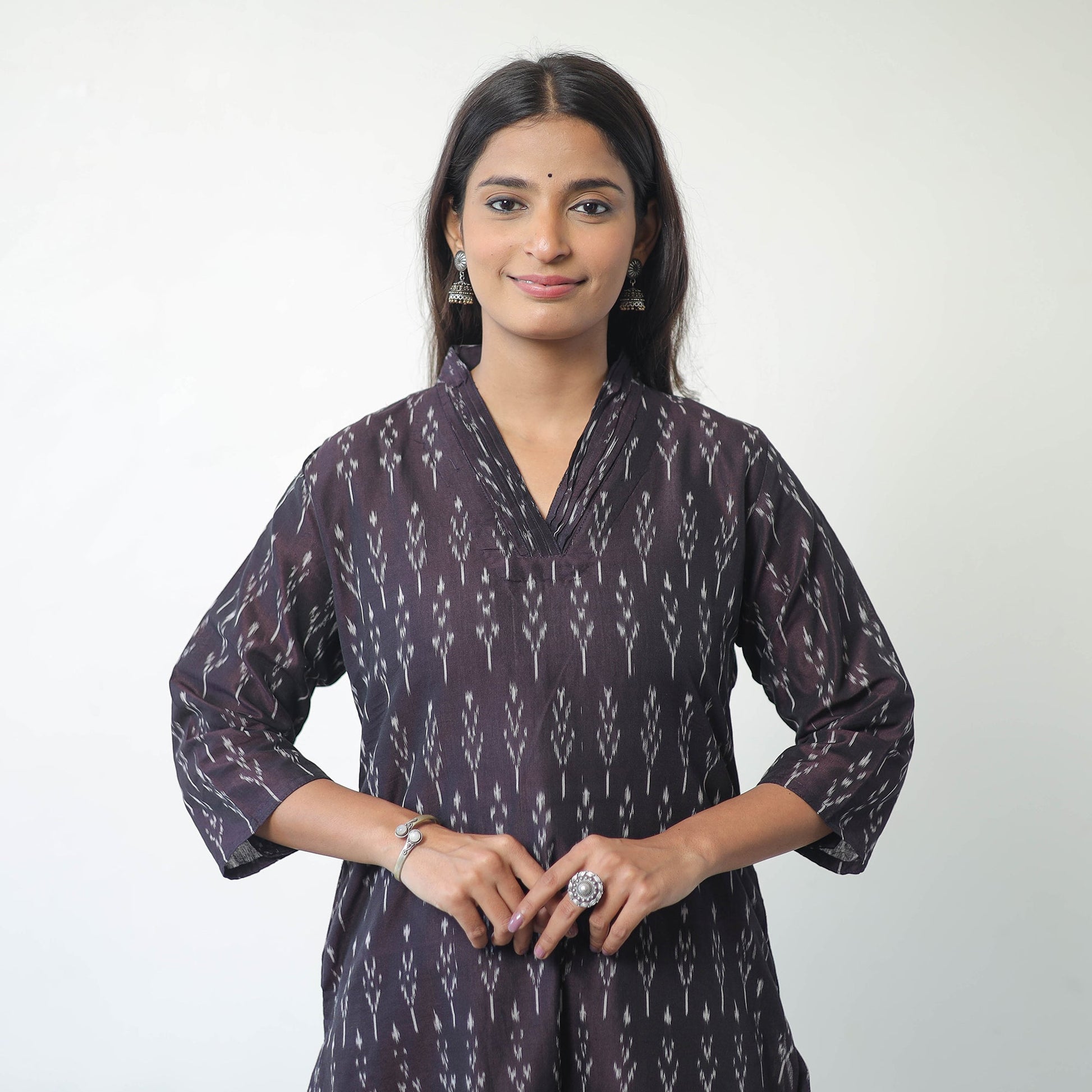 Brown - Mercerised Cotton Pochampally Ikat Kurta (Straight) 16