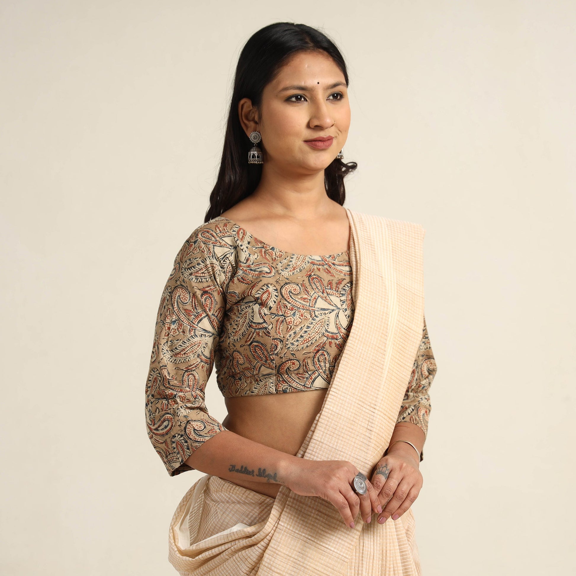 Brown - Pedana Kalamkari Block Printed Cotton Stitched Blouse 21