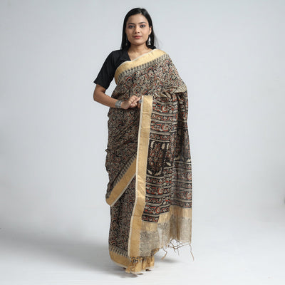 Black - Original Pedana Kalamkari Block Print Silk Saree