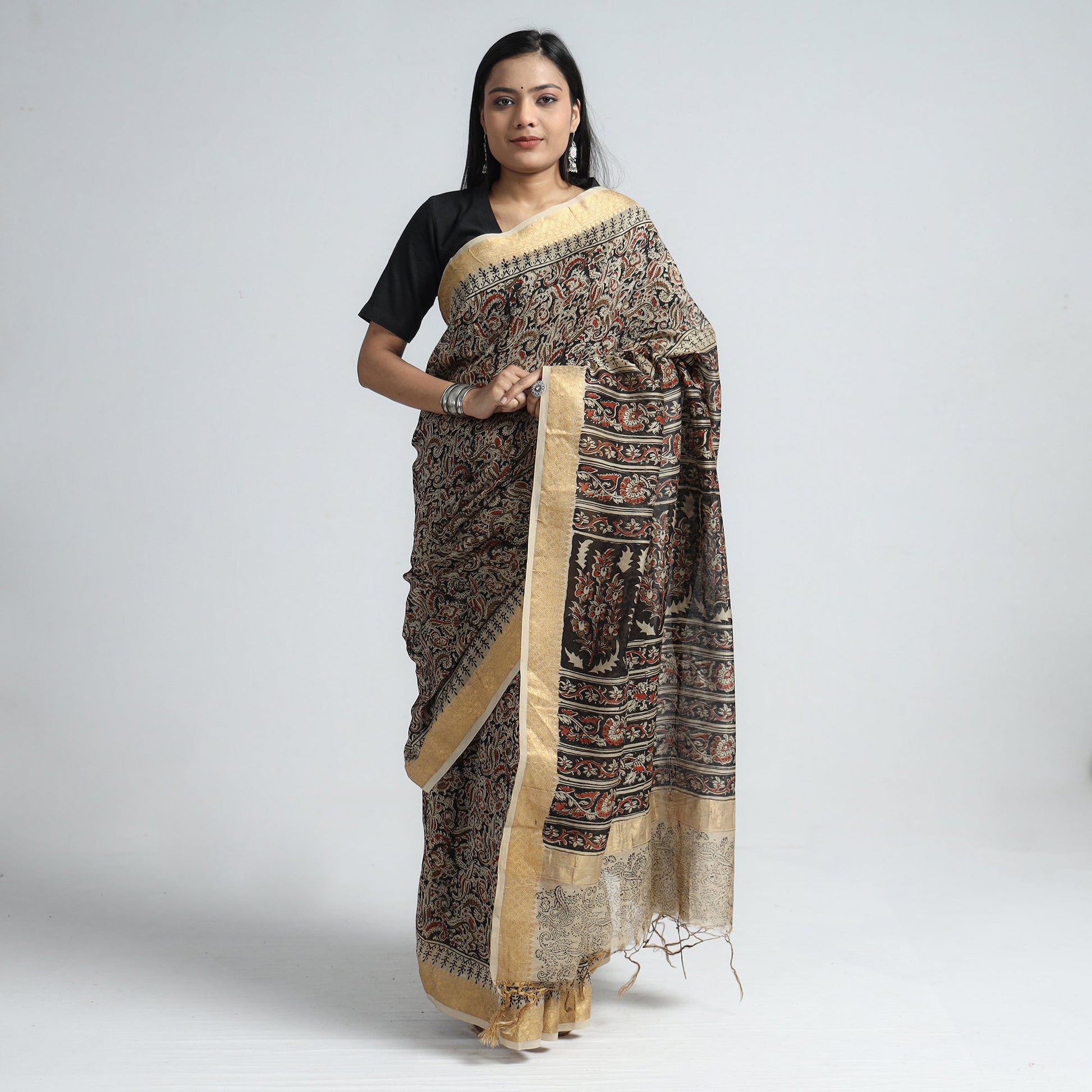 Black - Original Pedana Kalamkari Block Print Silk Saree