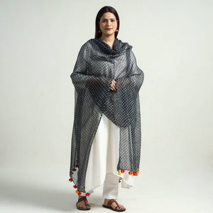Black - Leheriya Tie-Dye Mothra Kota Doria Cotton Dupatta with Tassels 24