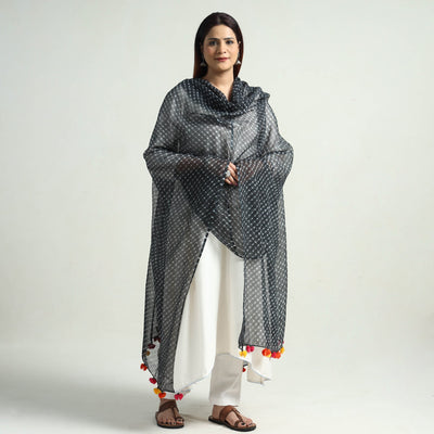 Black - Leheriya Tie-Dye Mothra Kota Doria Cotton Dupatta with Tassels 24