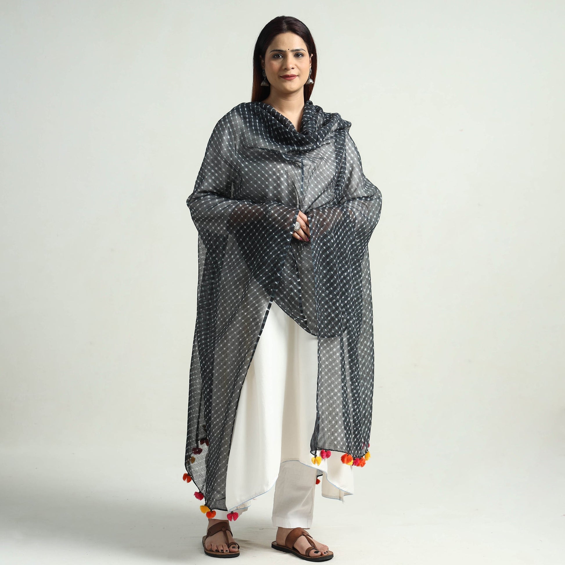 Black - Leheriya Tie-Dye Mothra Kota Doria Cotton Dupatta with Tassels 24