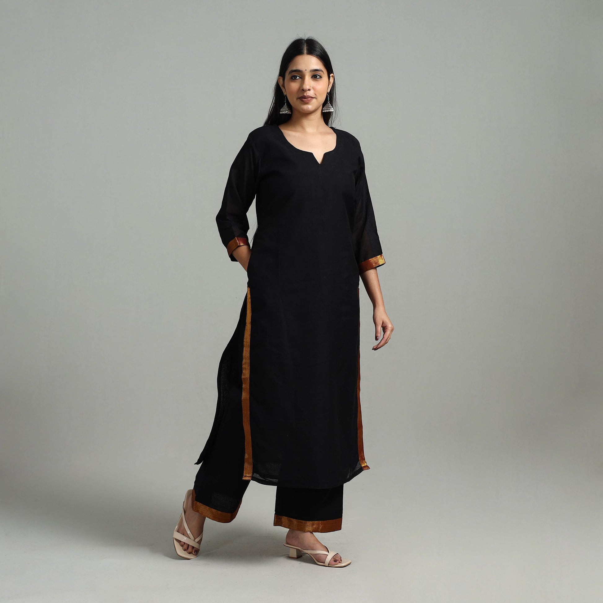 Black - Cotton Dharwad Kurta Set with Palazzo & Dupatta 24
