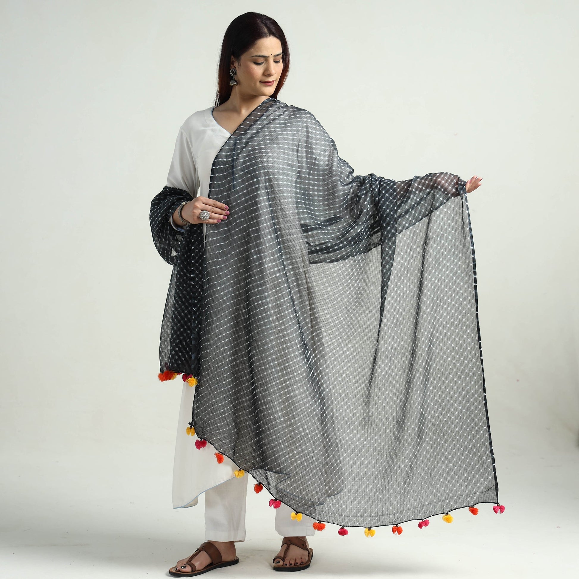 Black - Leheriya Tie-Dye Mothra Kota Doria Cotton Dupatta with Tassels 24