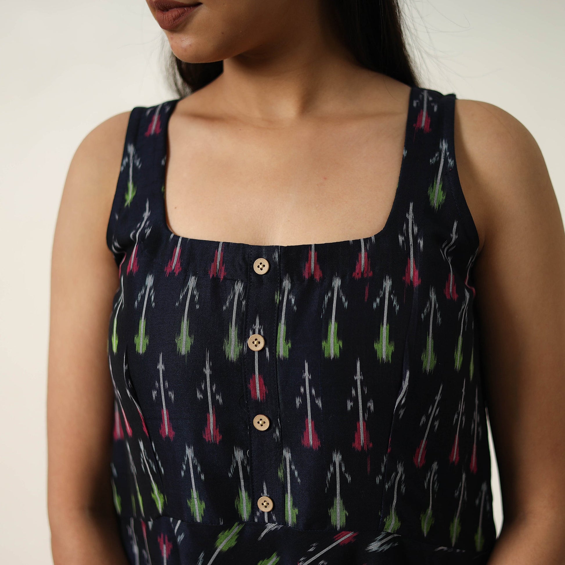 Black - Mercerized Cotton Flared Pochampally Ikat Dress 20
