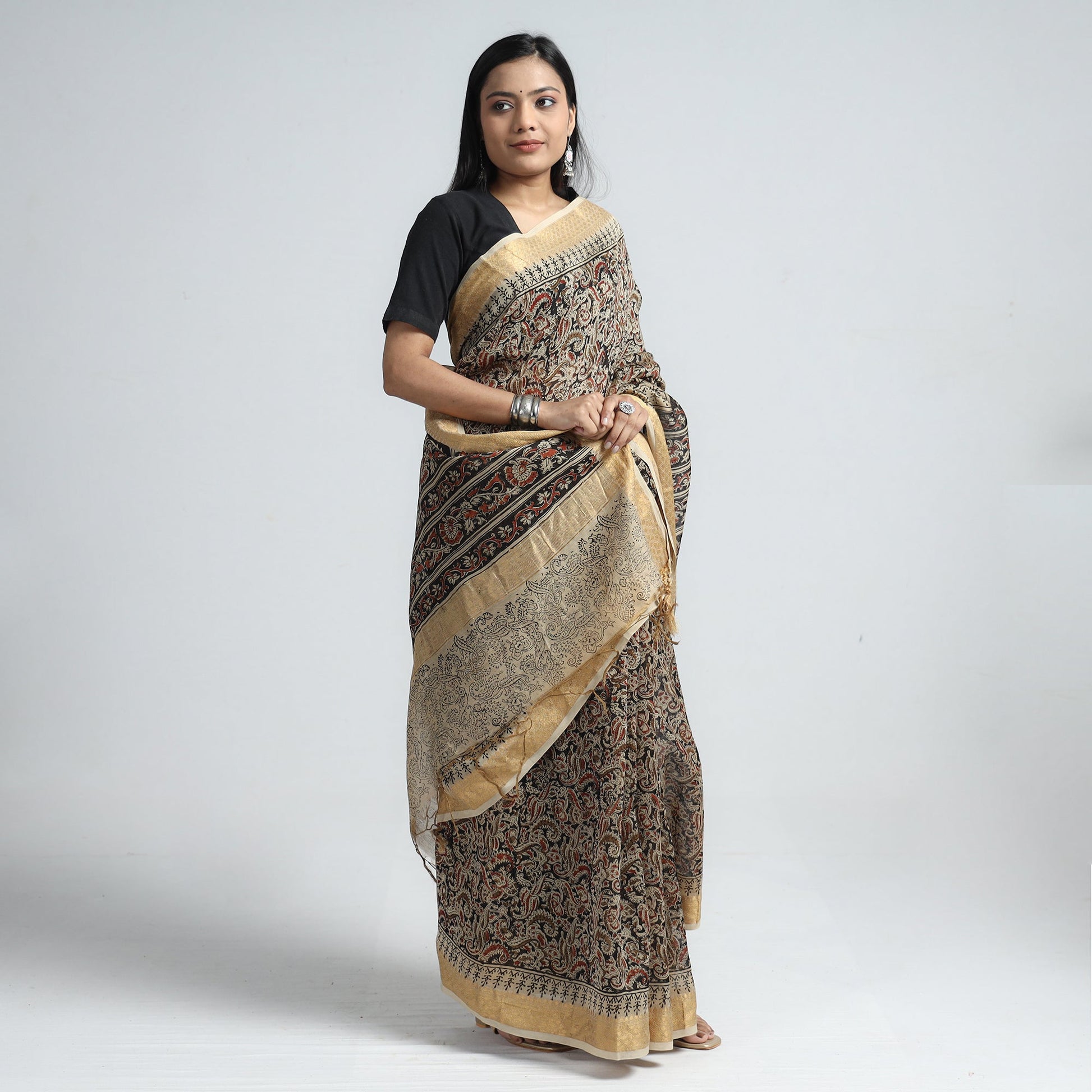 Black - Original Pedana Kalamkari Block Print Silk Saree