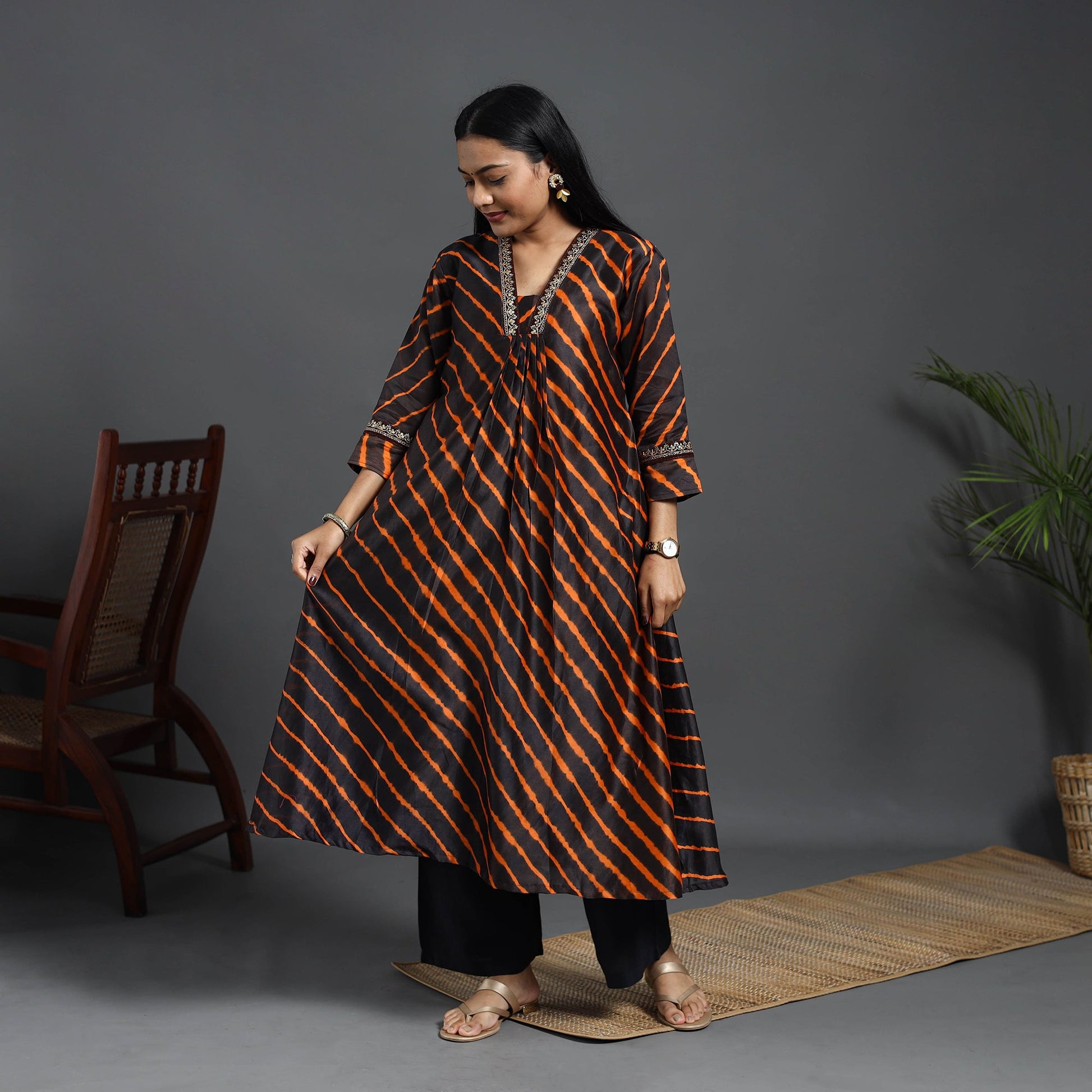 Black - Chanderi Silk A-Line Lacework Tie-Dye Leheriya Kurta 07