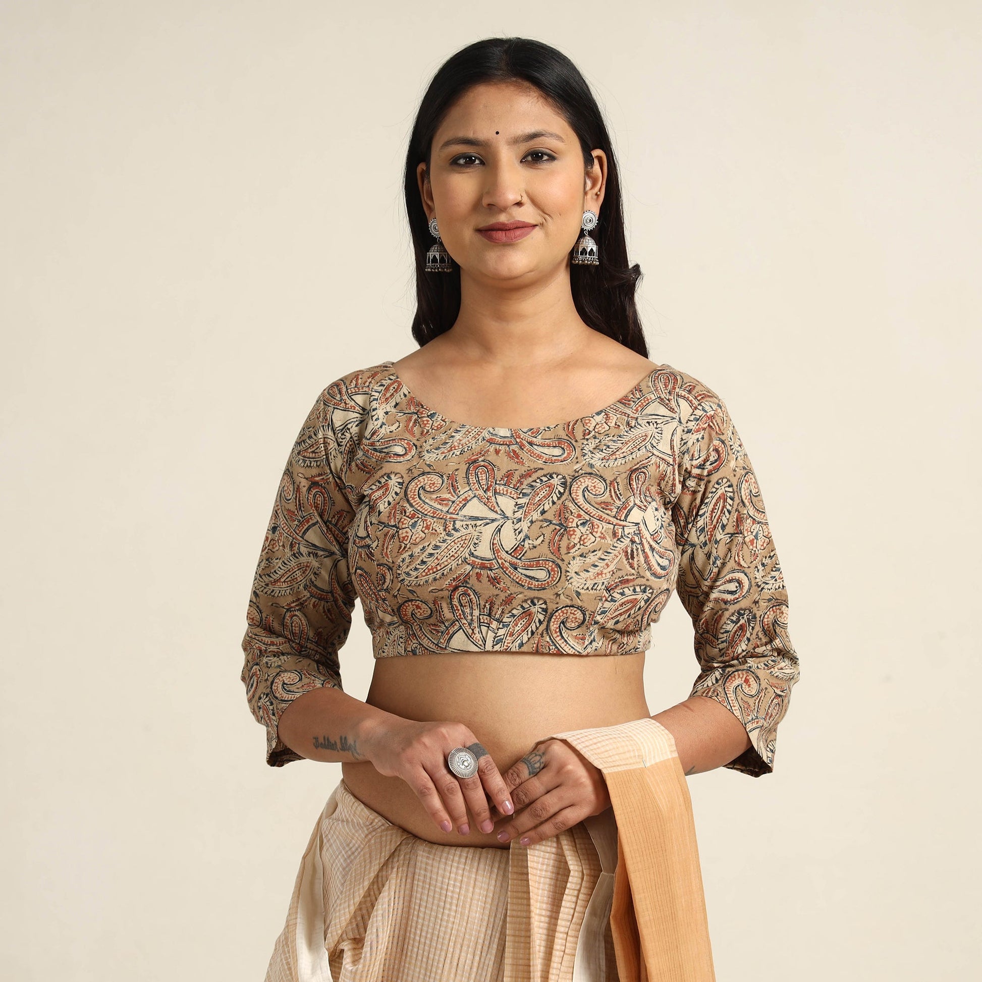 Brown - Pedana Kalamkari Block Printed Cotton Stitched Blouse 21