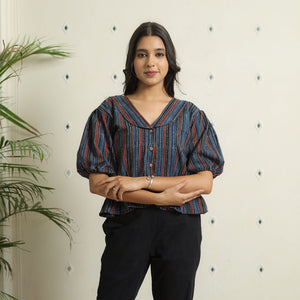 Blue - Ajrakh Block Printed Cotton Crop Top 06