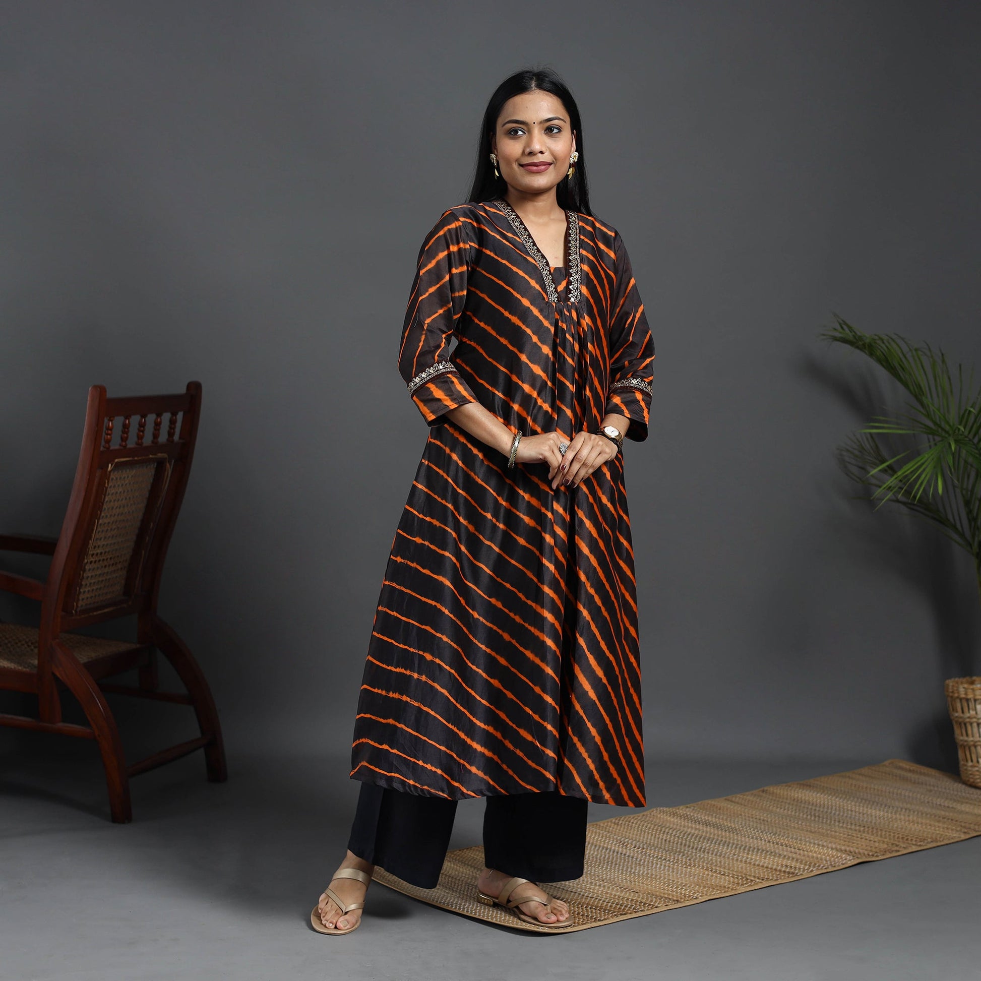 Black - Chanderi Silk A-Line Lacework Tie-Dye Leheriya Kurta 07