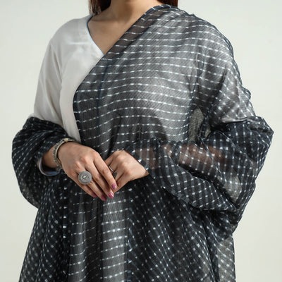 Black - Leheriya Tie-Dye Mothra Kota Doria Cotton Dupatta with Tassels 24