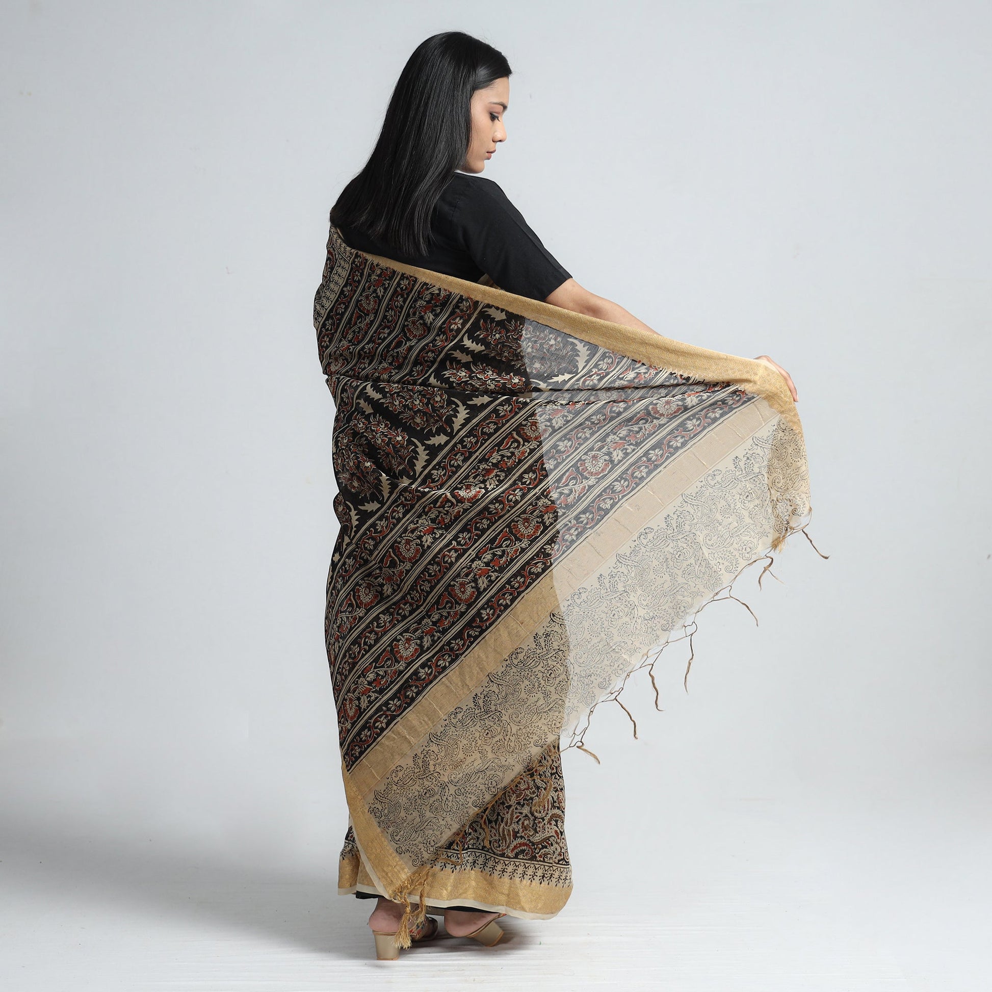 Black - Original Pedana Kalamkari Block Print Silk Saree