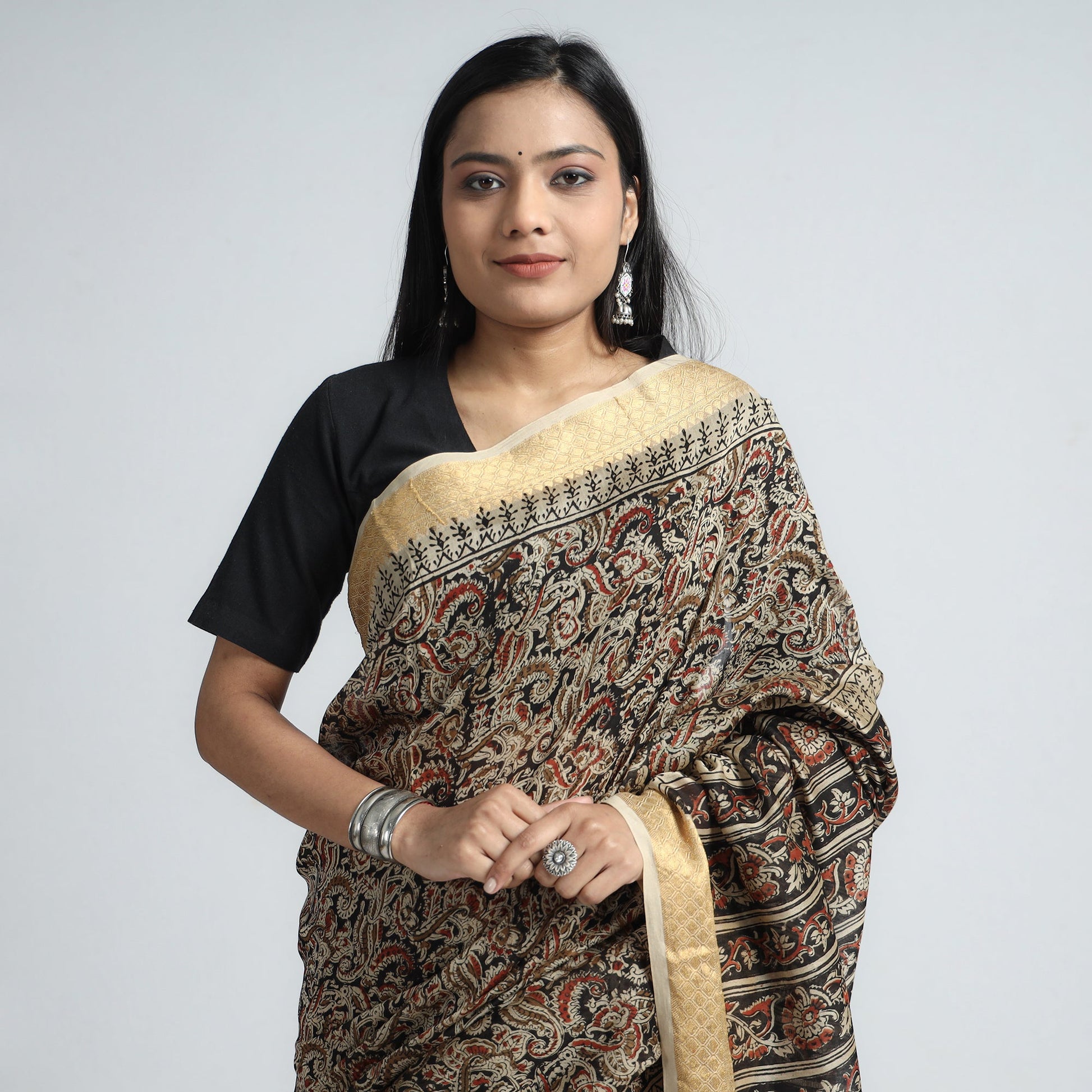Black - Original Pedana Kalamkari Block Print Silk Saree