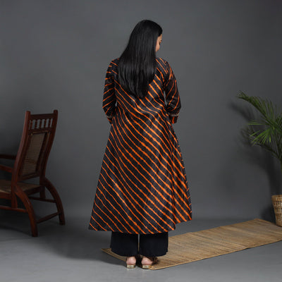 Black - Chanderi Silk A-Line Lacework Tie-Dye Leheriya Kurta 07