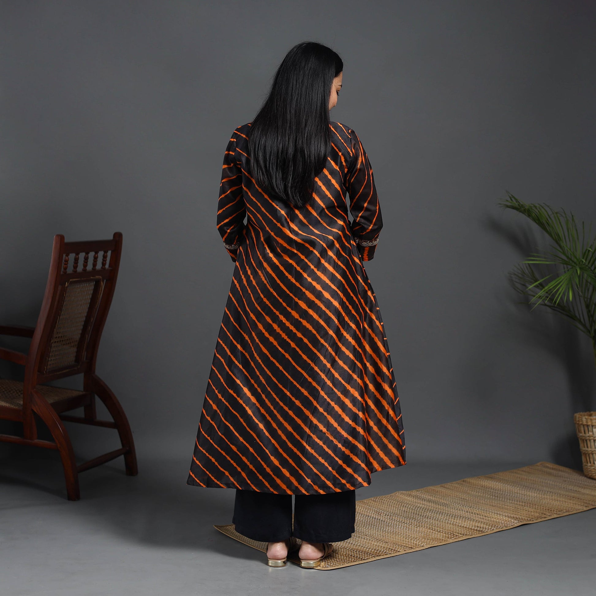 Black - Chanderi Silk A-Line Lacework Tie-Dye Leheriya Kurta 07