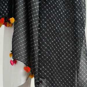 Black - Leheriya Tie-Dye Mothra Kota Doria Cotton Dupatta with Tassels 24